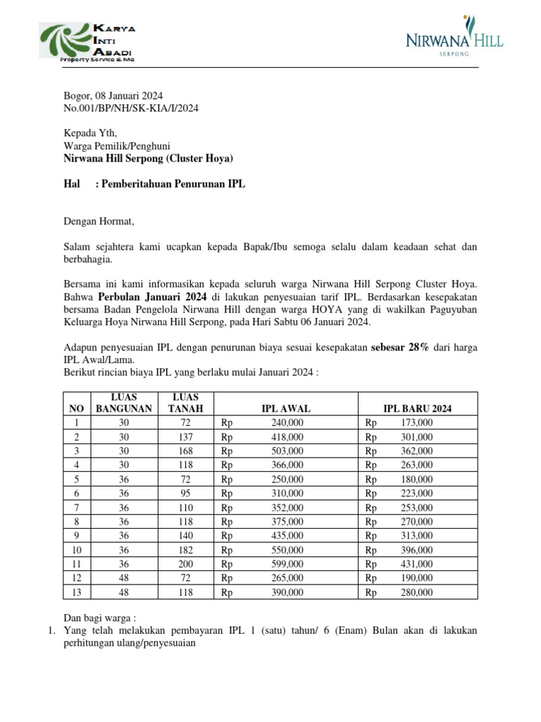 Penurunan Biaya IPL di Nirwana Hill | PDF