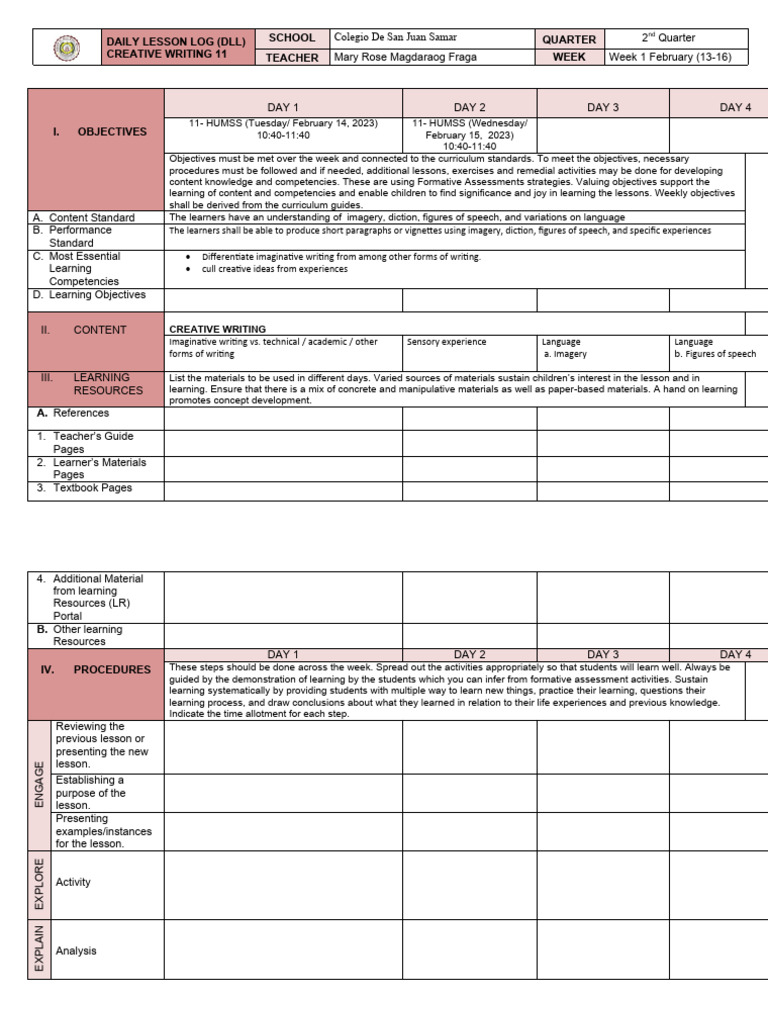 Creative Writing Lesson Plan Week 1 | PDF | Learning | Cognitive Science