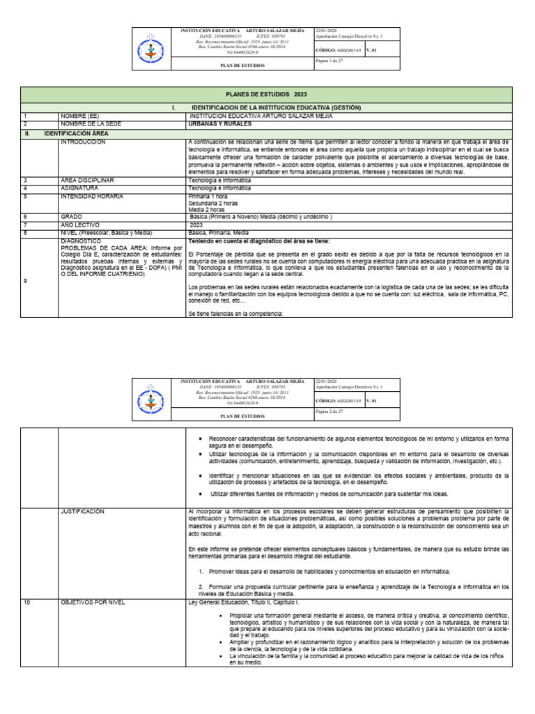 Plan de Estudios Informatica 2023 | Descargar gratis PDF | Plan de ...