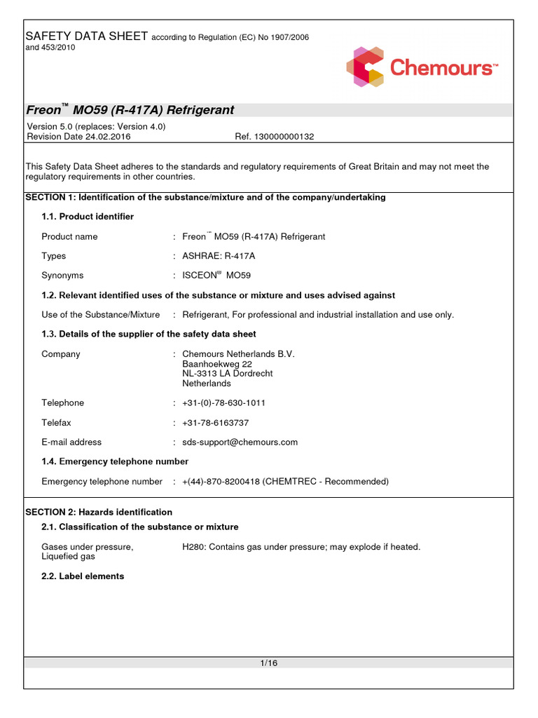 Freon MO59 R417A Refrigerant MSDS V5 | PDF | Chemical Industry | Gases