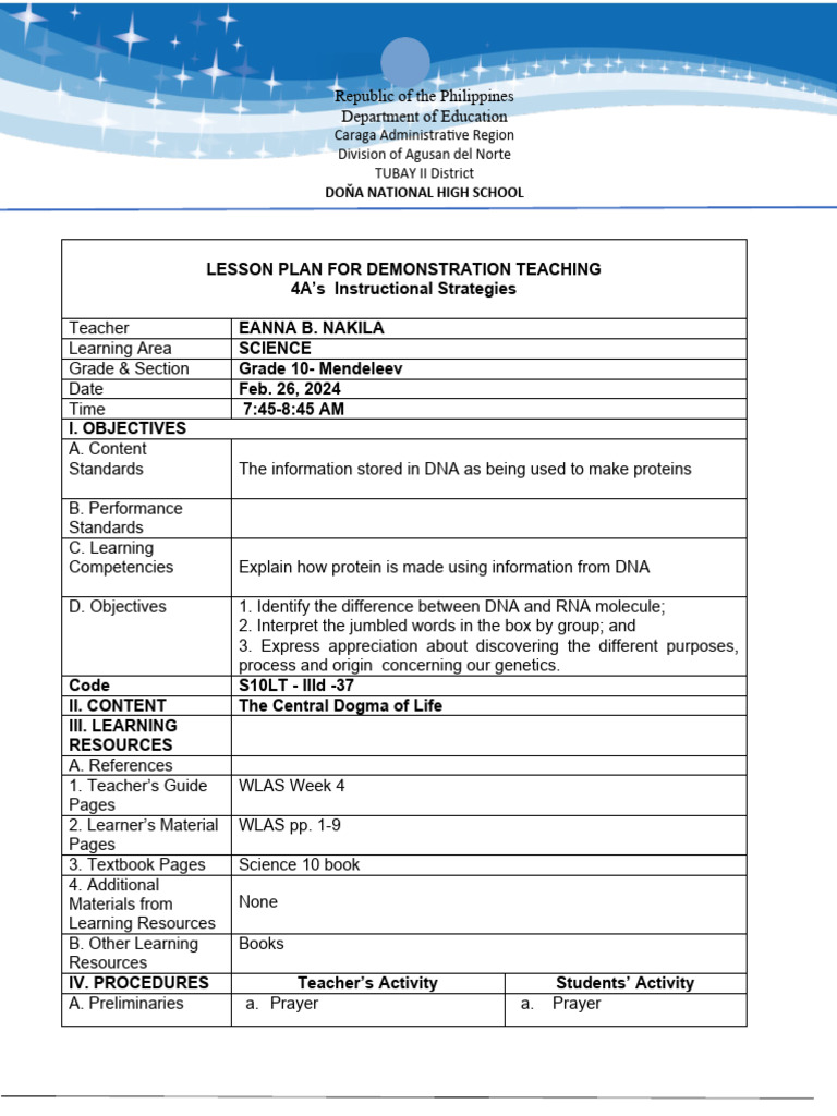 Grade 10 Science Lesson Plan on DNA | PDF | Rna | Dna