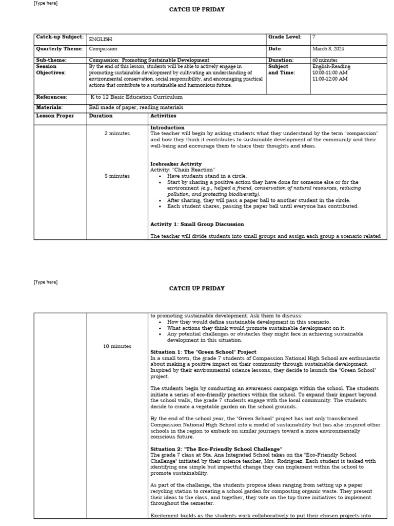 GRADE 7 Sustainable Development Catch-Up Plan | PDF | Sustainability ...