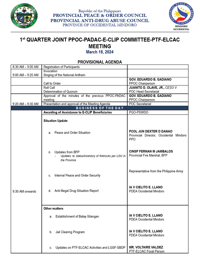 Occidental Mindoro PPOC-PADAC Meeting Agenda | PDF