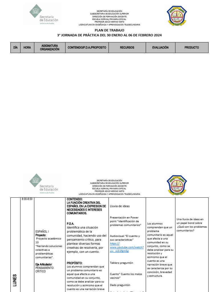Plan de Trabajo Telesecundaria 2024 | PDF | Maestros | Educación primaria