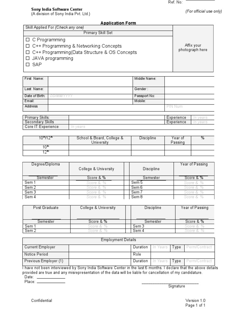 Sony India Software Center Application Form | PDF