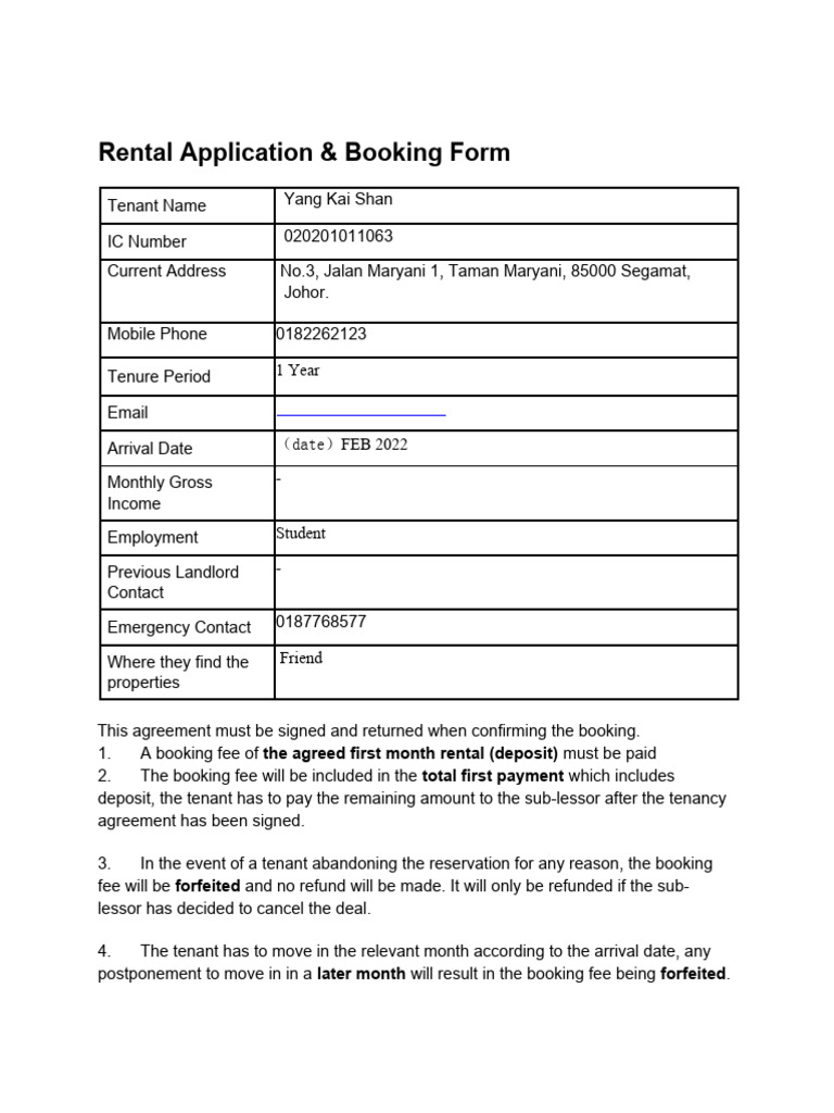 Rental Application Booking Form | PDF