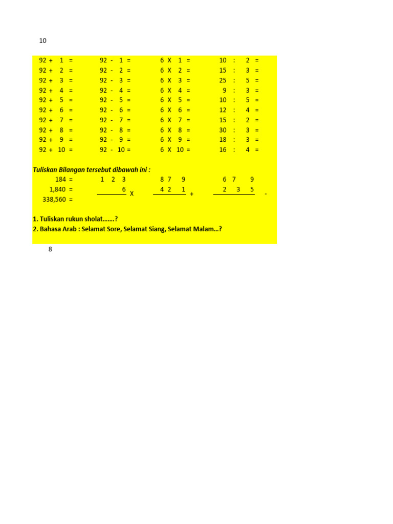 Math and Arabic Language Exercises | PDF