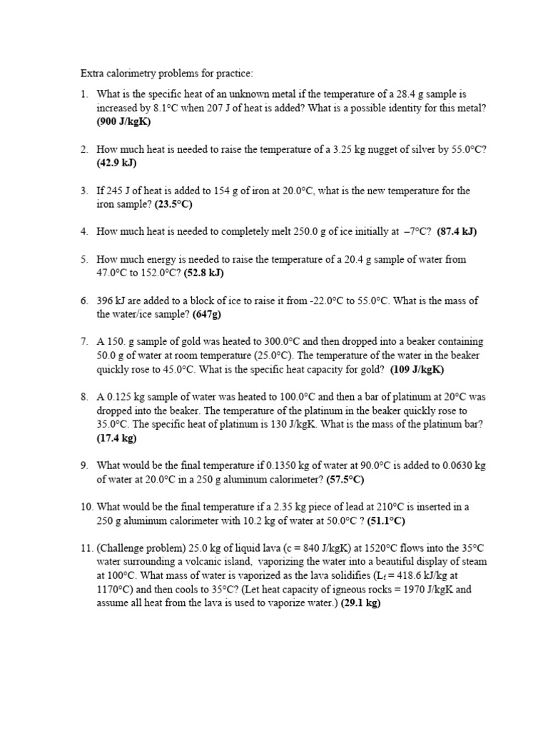 Extra Calorimetry Problems For Practice Answers PDF