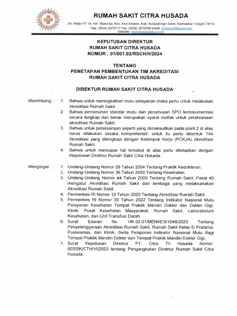 Tim Akreditasi RS Citra Husada 2024 | PDF
