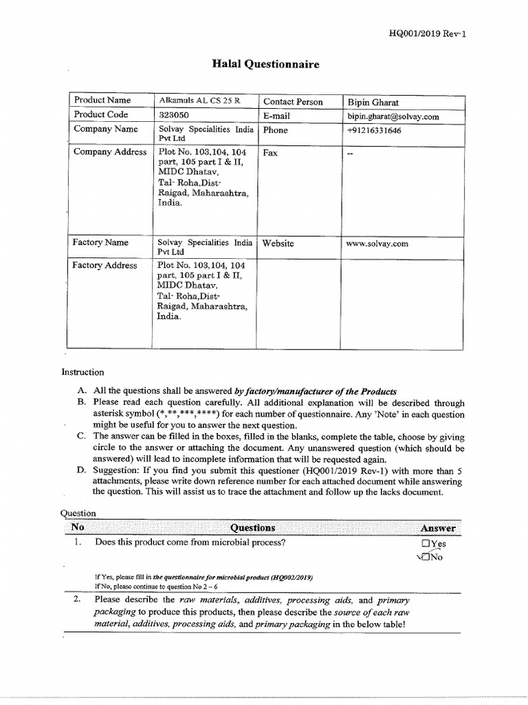 Halal Questionnaire | PDF
