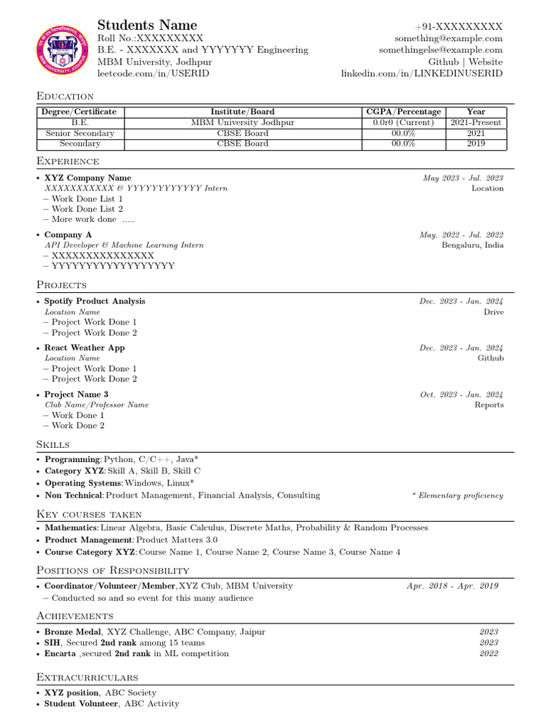 MBM University Student Resume Template | PDF | Mathematics