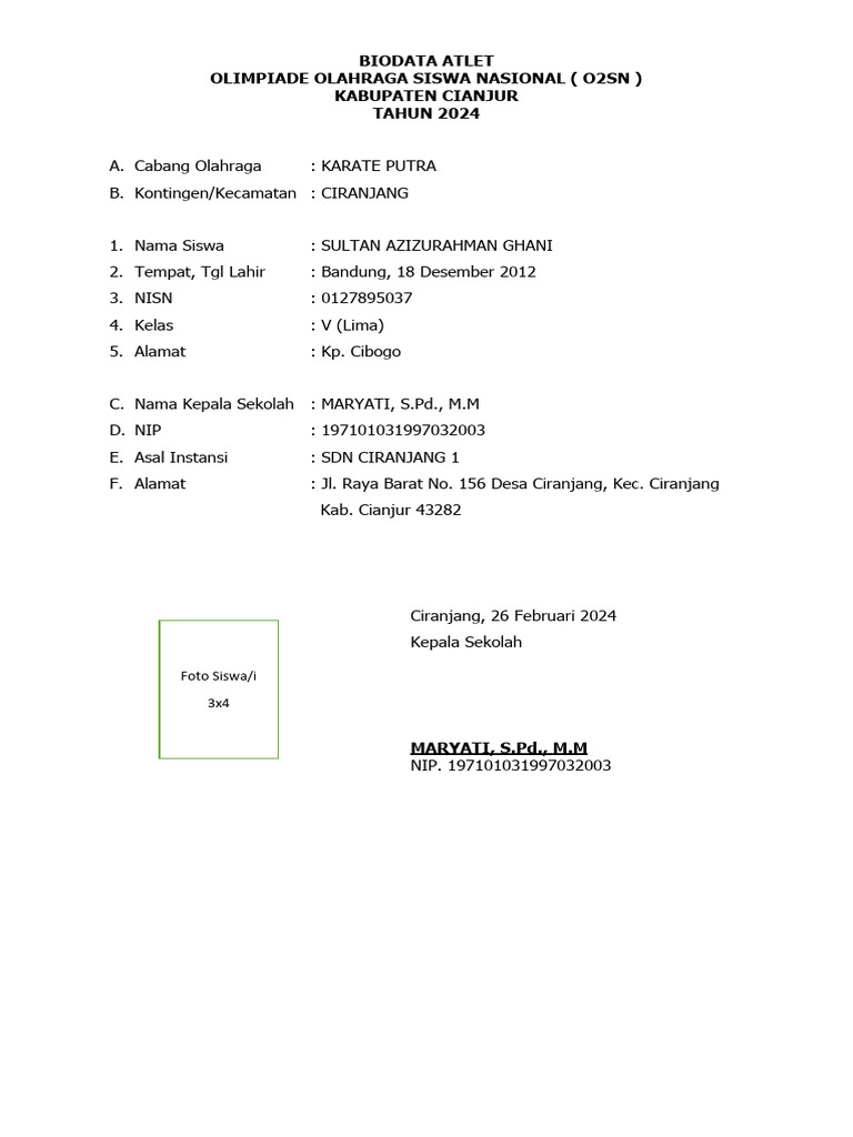 Biodata Atlet O2SN Cianjur 2024 | PDF