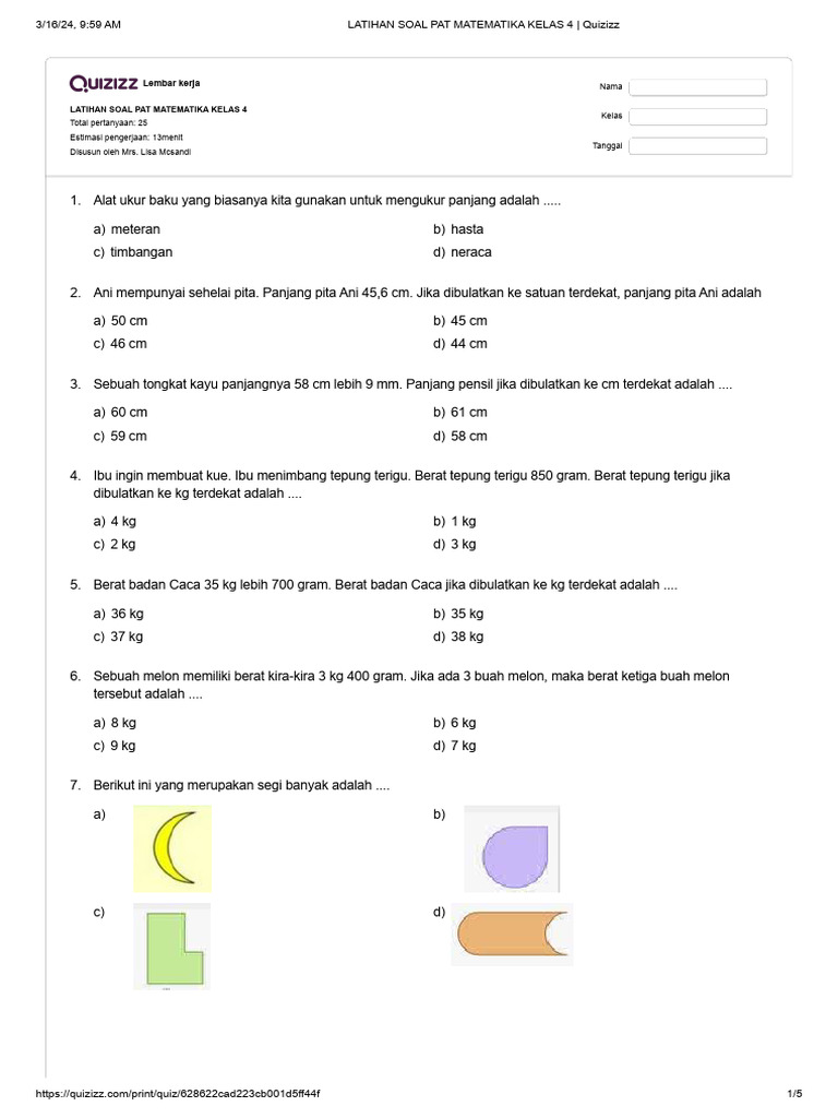 Latihan Soal Pat Matematika Kelas 4 Quizizz Pdf
