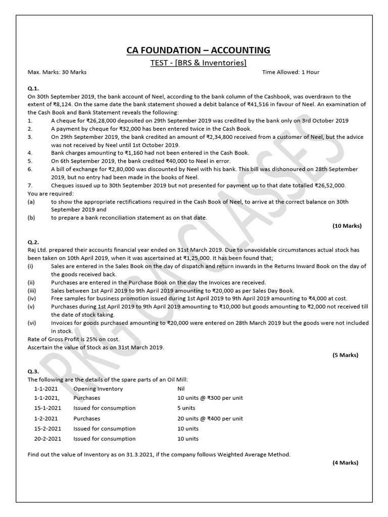 CA Foundation Accounting Test: BRS & Inventory | PDF | Banks | Cheque