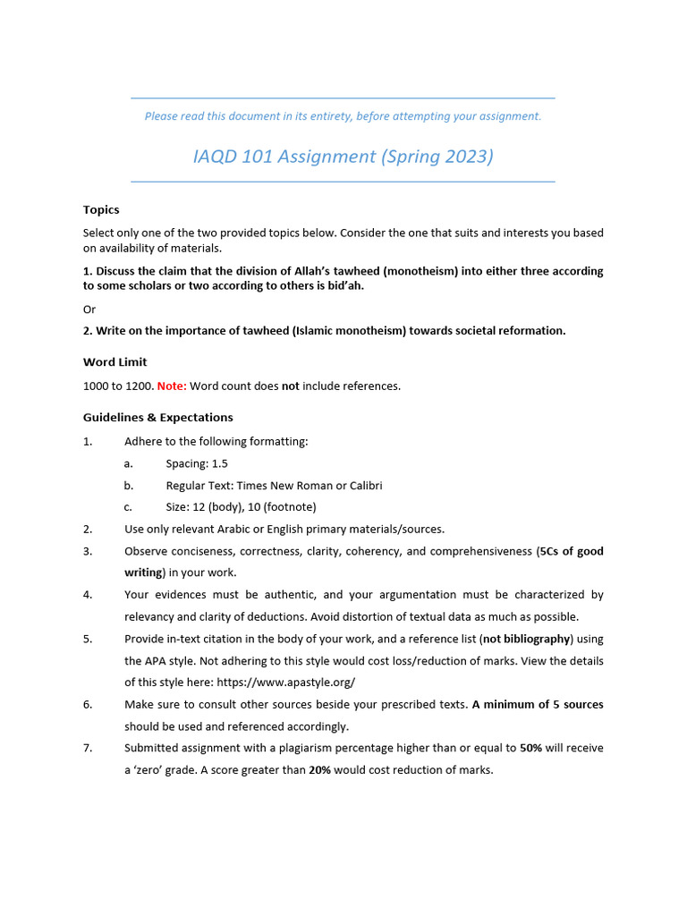 IAQD 101 Assignment Guidelines | PDF | Plagiarism | Citation