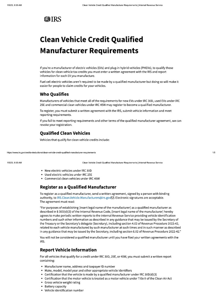 Clean Vehicle Credit Qualified Manufact... Equirements - Internal ...