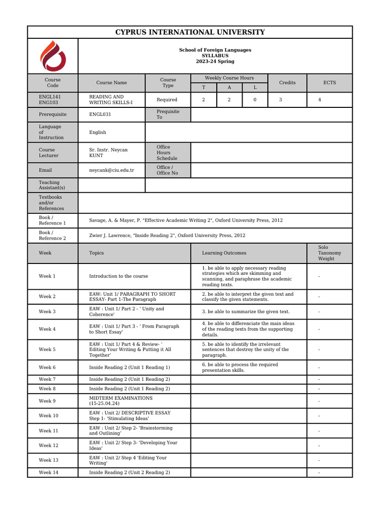 ENG103 GR01 (122654) Syllabus | PDF | Behavior Modification | Cognition