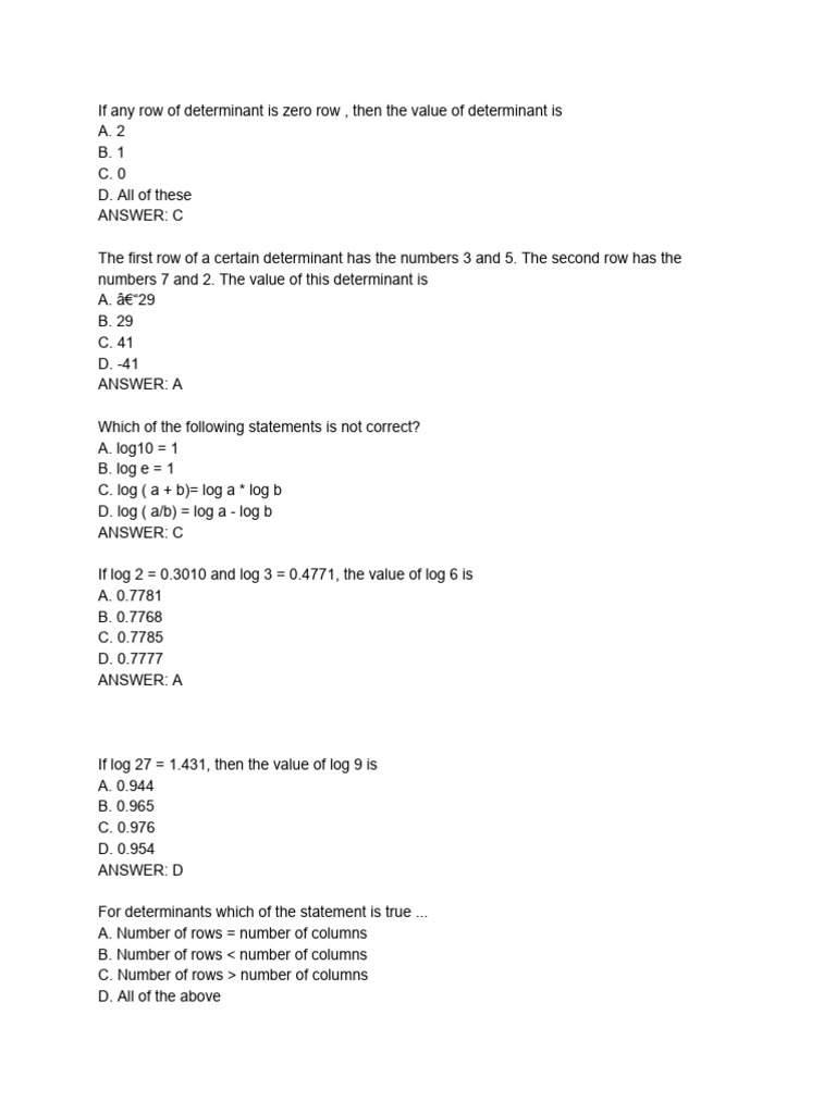 Determinants and Logarithms Quiz | PDF | Matrix (Mathematics ...