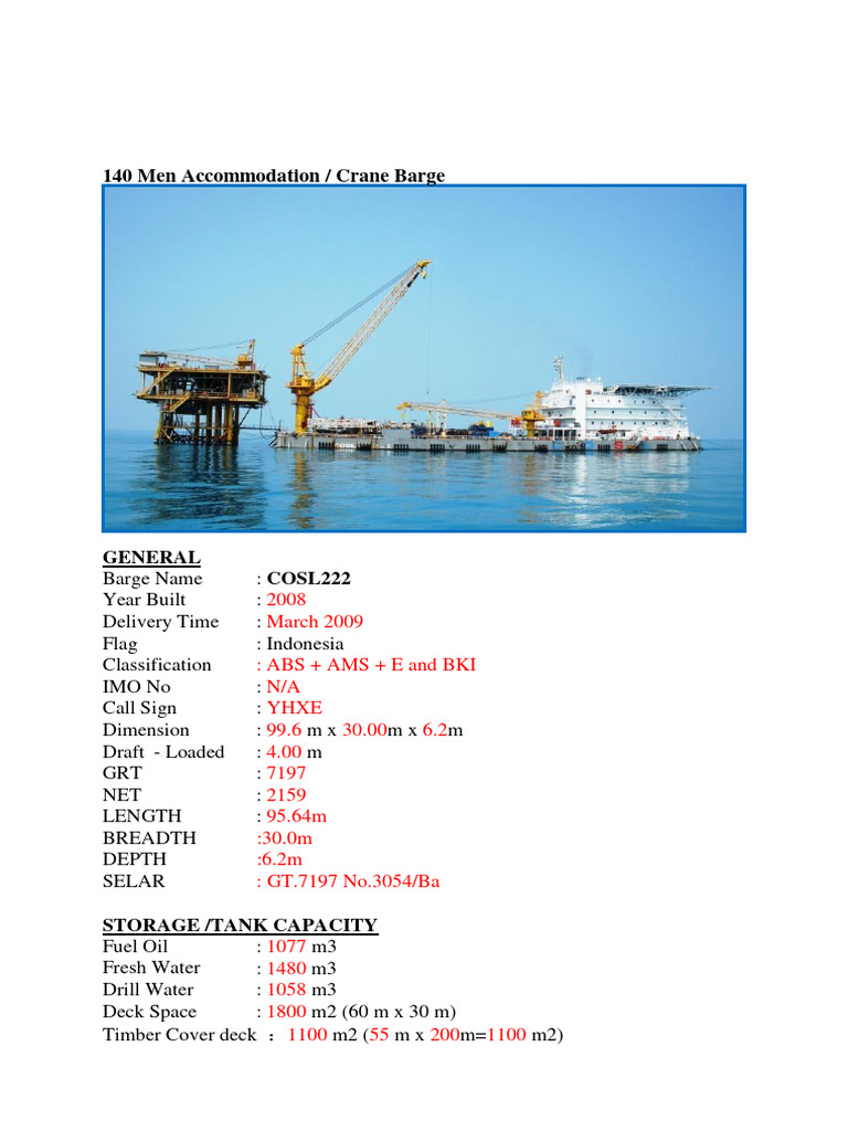 Ship Particular 140 Men Accomodation COSL 222 | PDF | Crane (Machine)