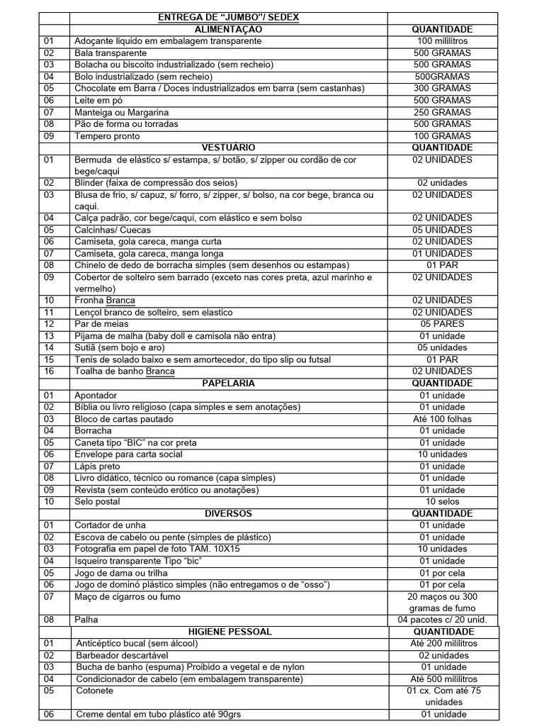 Lista de Itens para Jumbo/Sedex | PDF