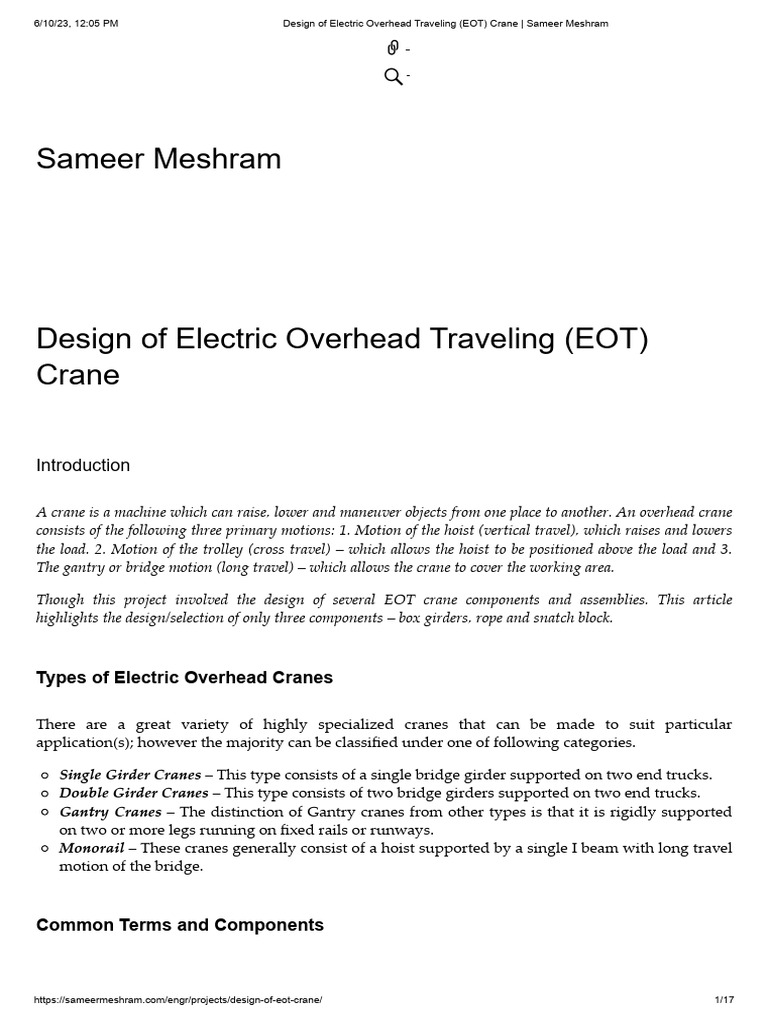 EOT Crane Design and Calculations | PDF | Crane (Machine) | Bending