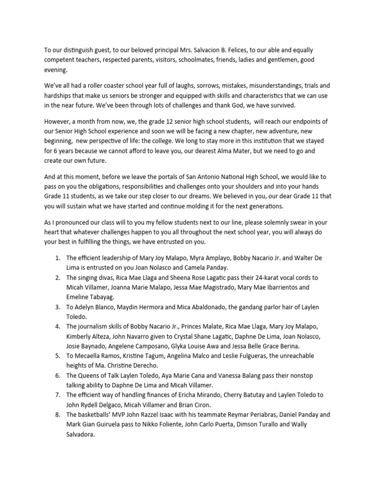 Grade 12 Farewell Speech and Legacy | PDF | Wellness