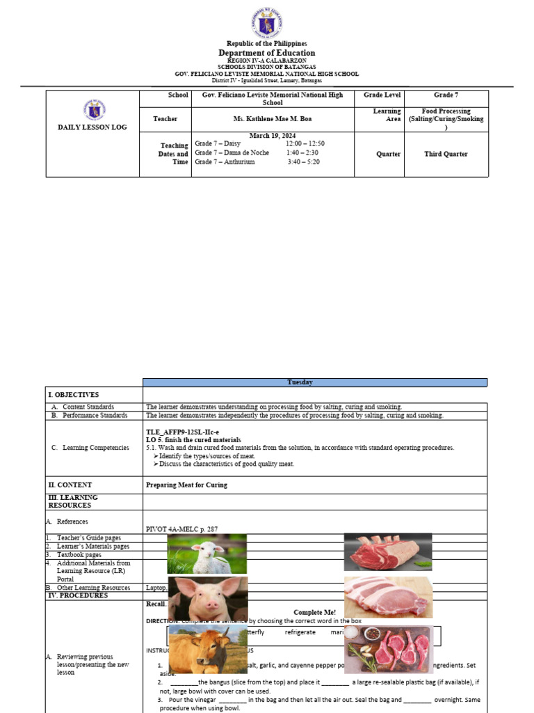 Grade 7 Food Processing Lesson Plan | PDF | Curing (Food Preservation ...
