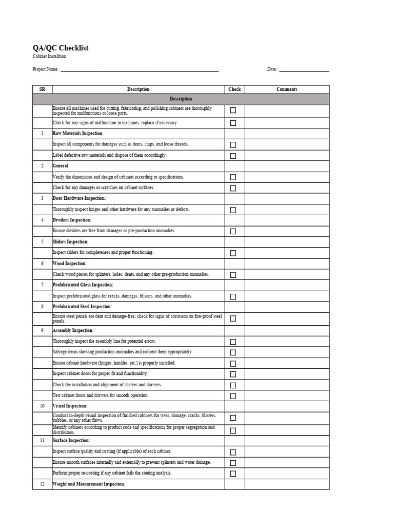 QA Main Checklist | PDF | Door | Specification (Technical Standard)