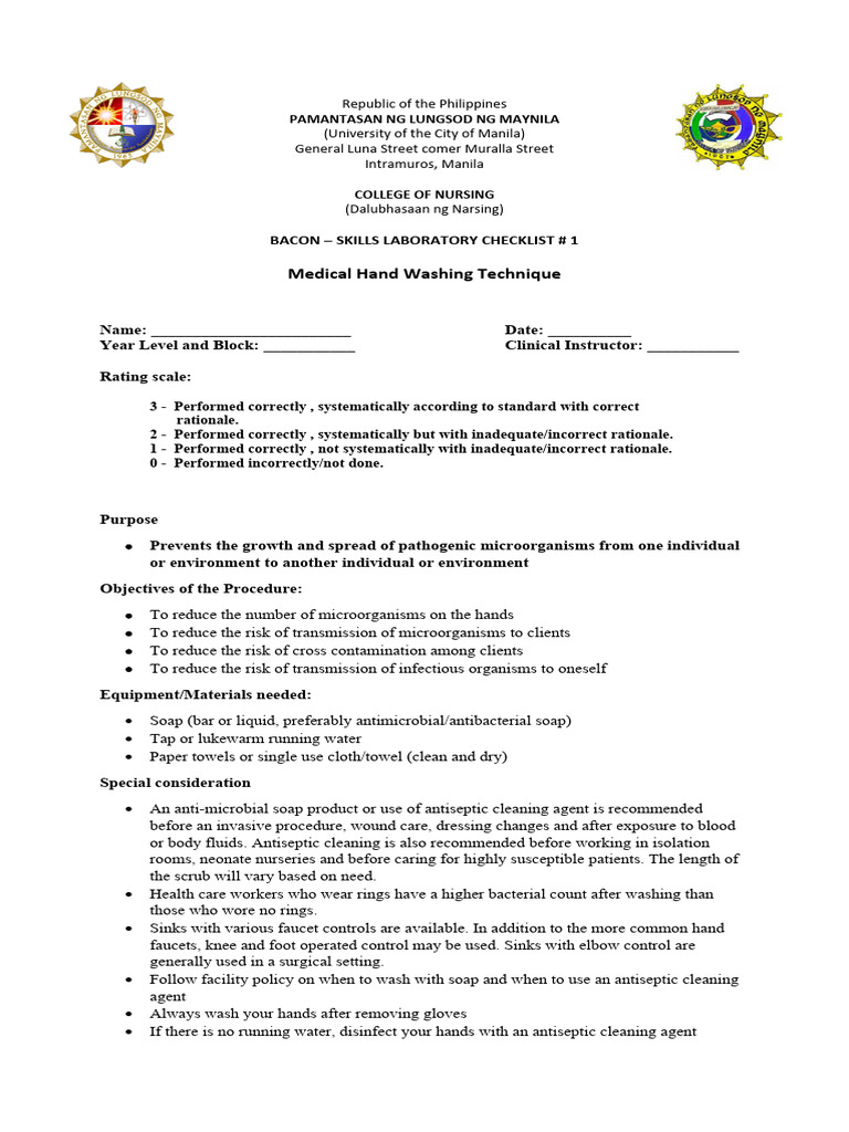 Medical Hand Washing Procedure Checklist | PDF | Hand Washing ...