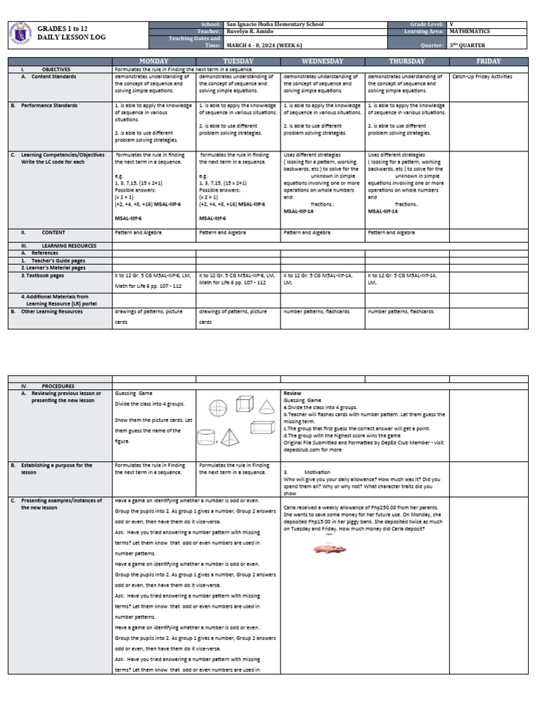 Grade 5 Math Daily Lesson Plan | PDF | Flashcard | Behavior Modification