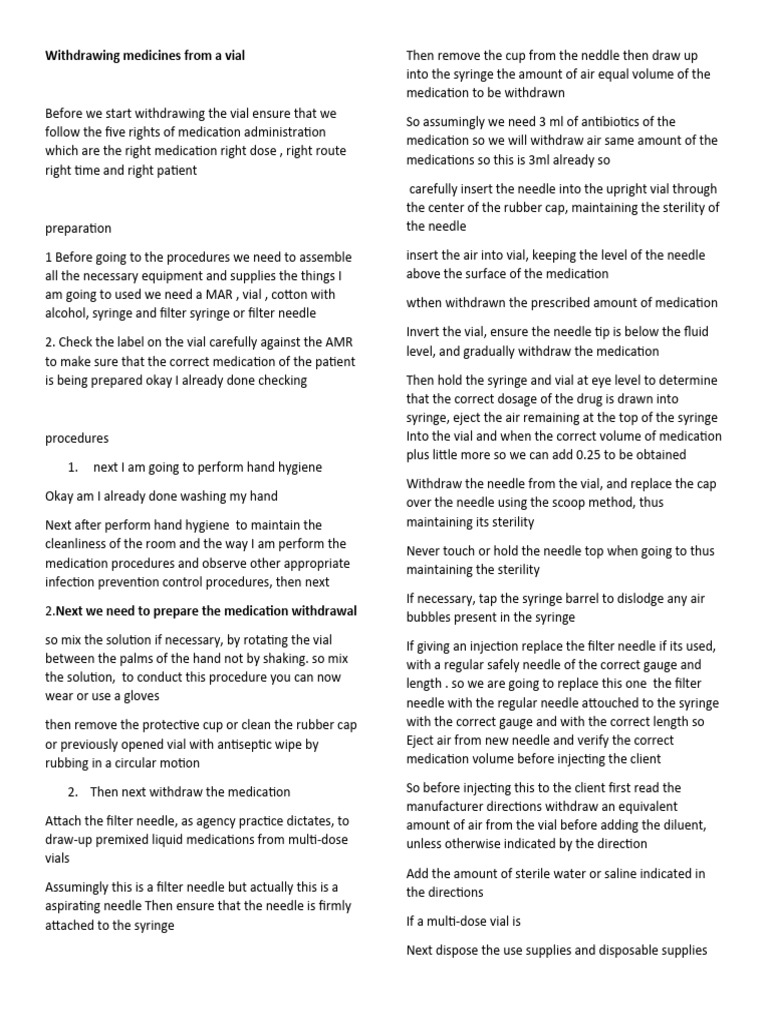 Withdrawing Medicines From A Vial Pdf Syringe Injection Medicine