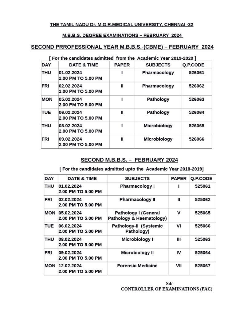 2nd Year MBBS Exam Schedule 2024 | PDF | Science & Mathematics ...