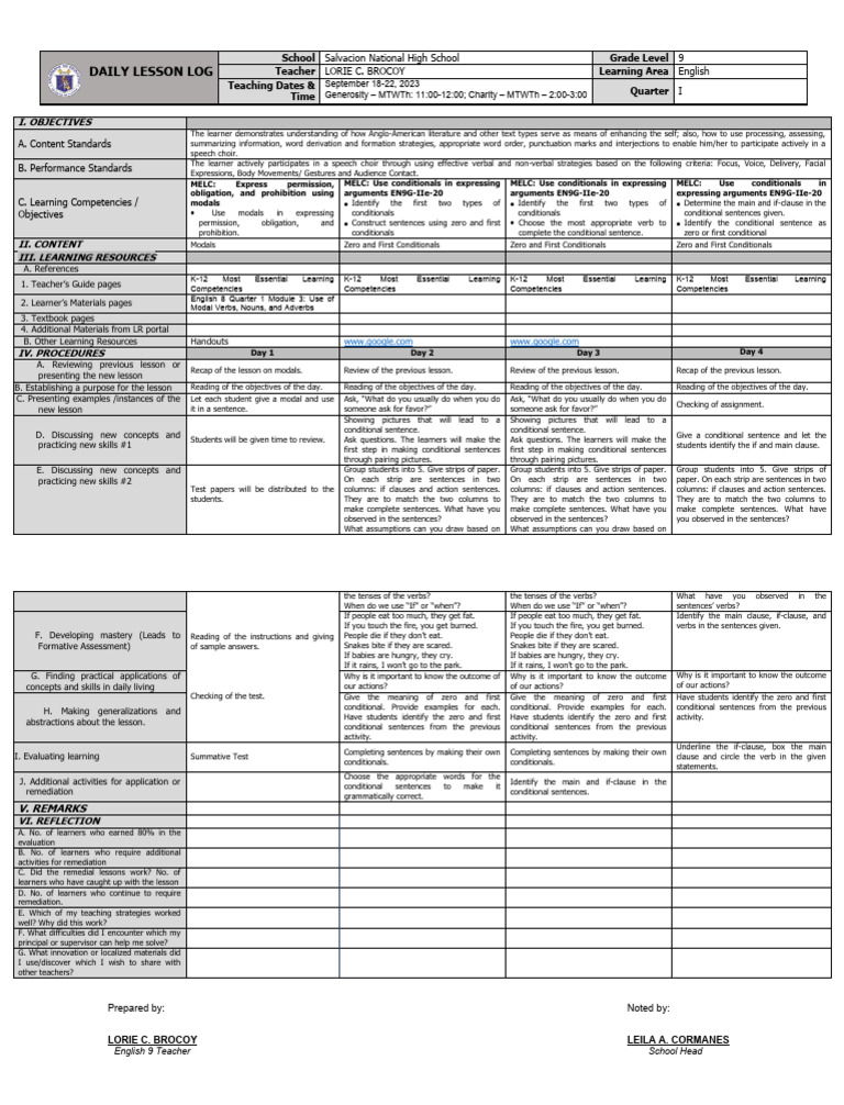 Q1Wk4 English 9 Summative On Modals and Conditionals | PDF | Learning ...