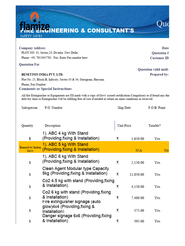 Quotation for Benetton Fire Equipment | PDF | Government Finances | Taxes