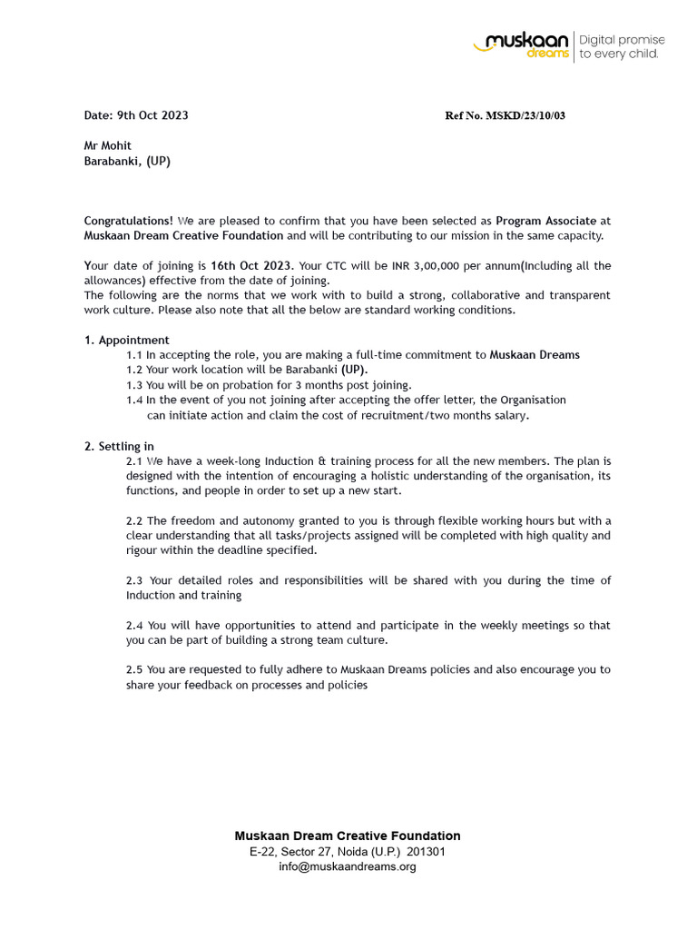 Offer Letter for Program Associate Position | PDF | Business | Government