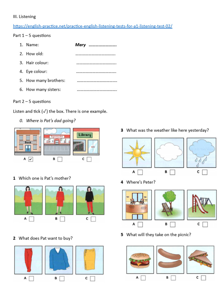 A1 Listening and Speaking Practice Test | PDF