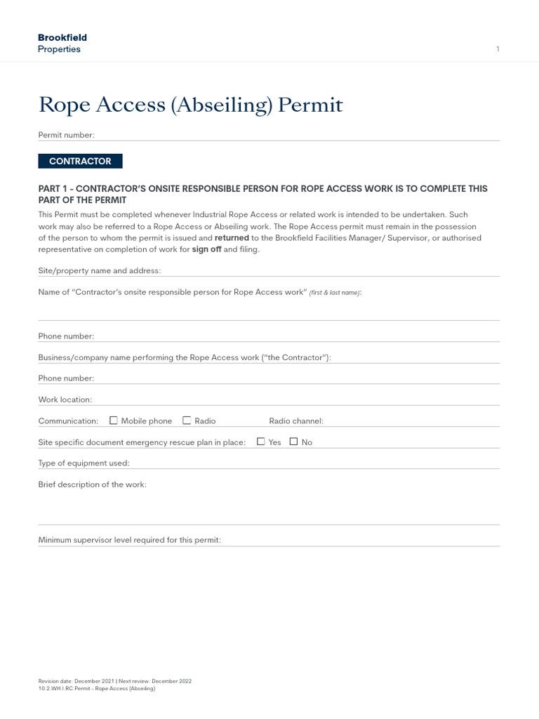 Brookfield Properties - Rope Access (Abseiling) Permit - 20 | PDF ...