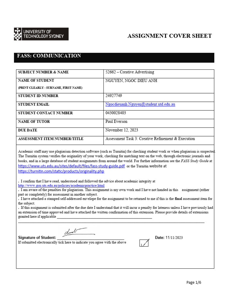 Creative Advertising Assignment Cover | PDF | Thought | Turnitin