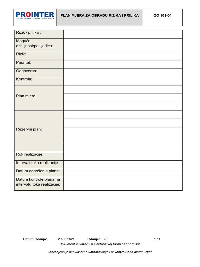 QO 101-02 Plan Mjera Za Obradu Rizika I Prilika 02 | PDF