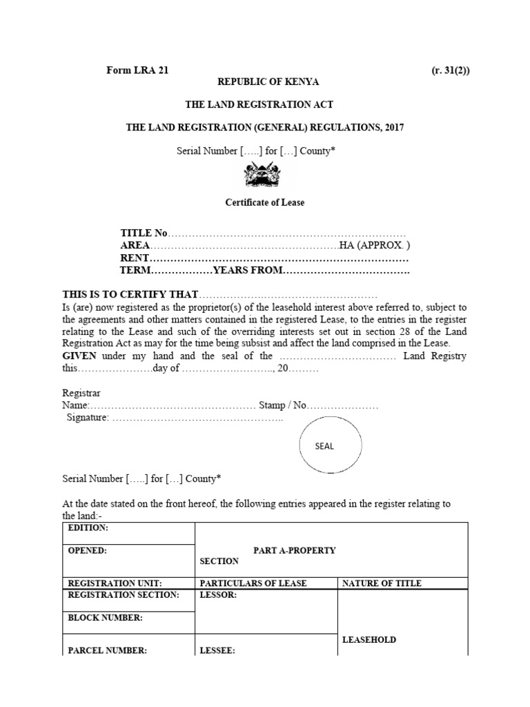 Certificate of Lease Form LRA 21 Kenya | PDF | Lease | Government