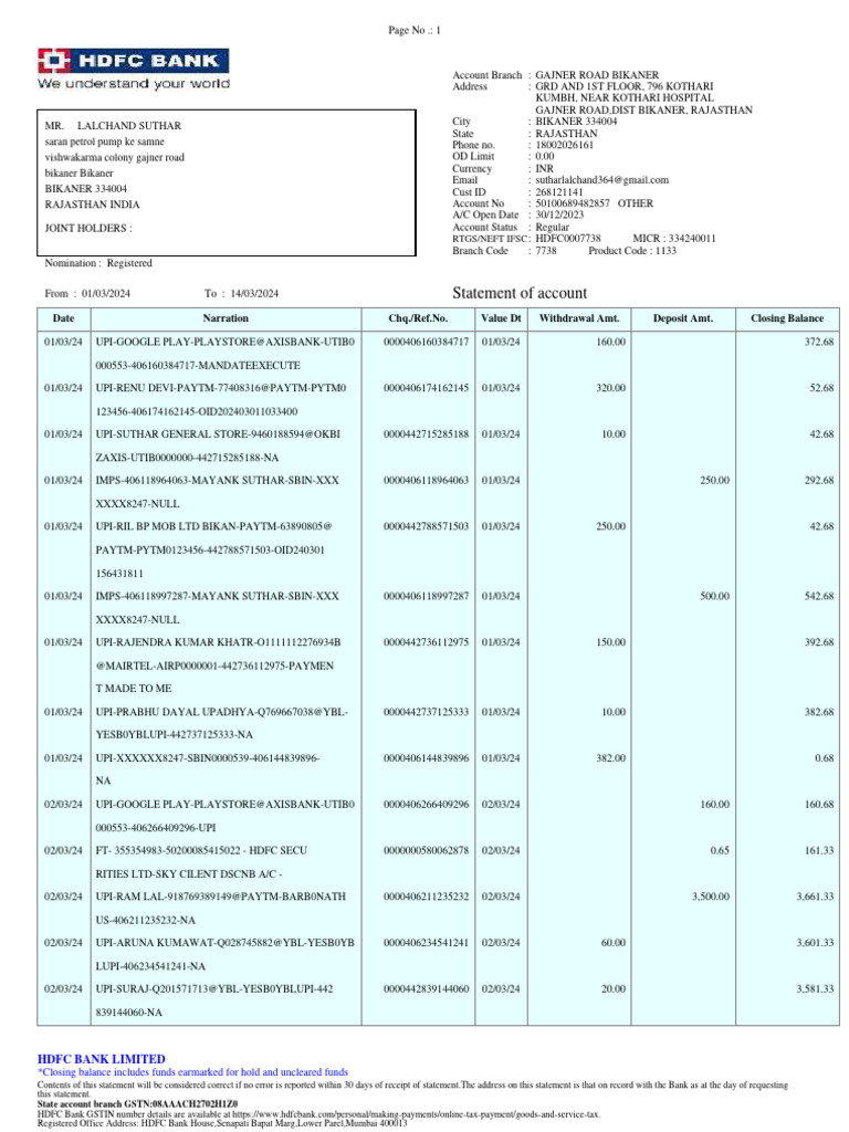Acct Statement - XX4828 - 14032024 | PDF | Debits And Credits | Banks
