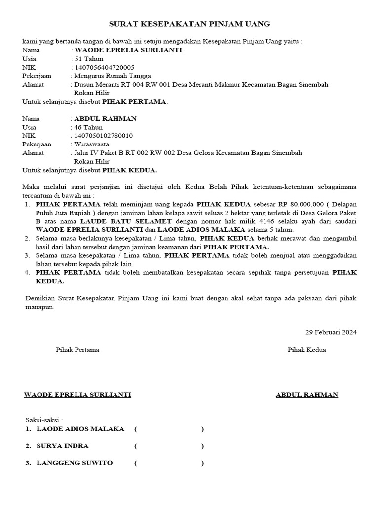 Surat Perjanjian Pinjam Uang 2024 | PDF