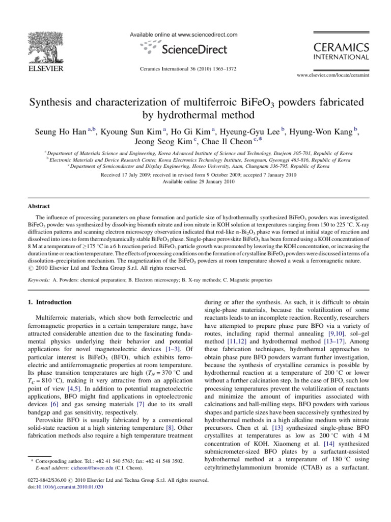 Hydrothermal Synthesis of BiFeO3 Powders | PDF | Solubility | Phases Of ...