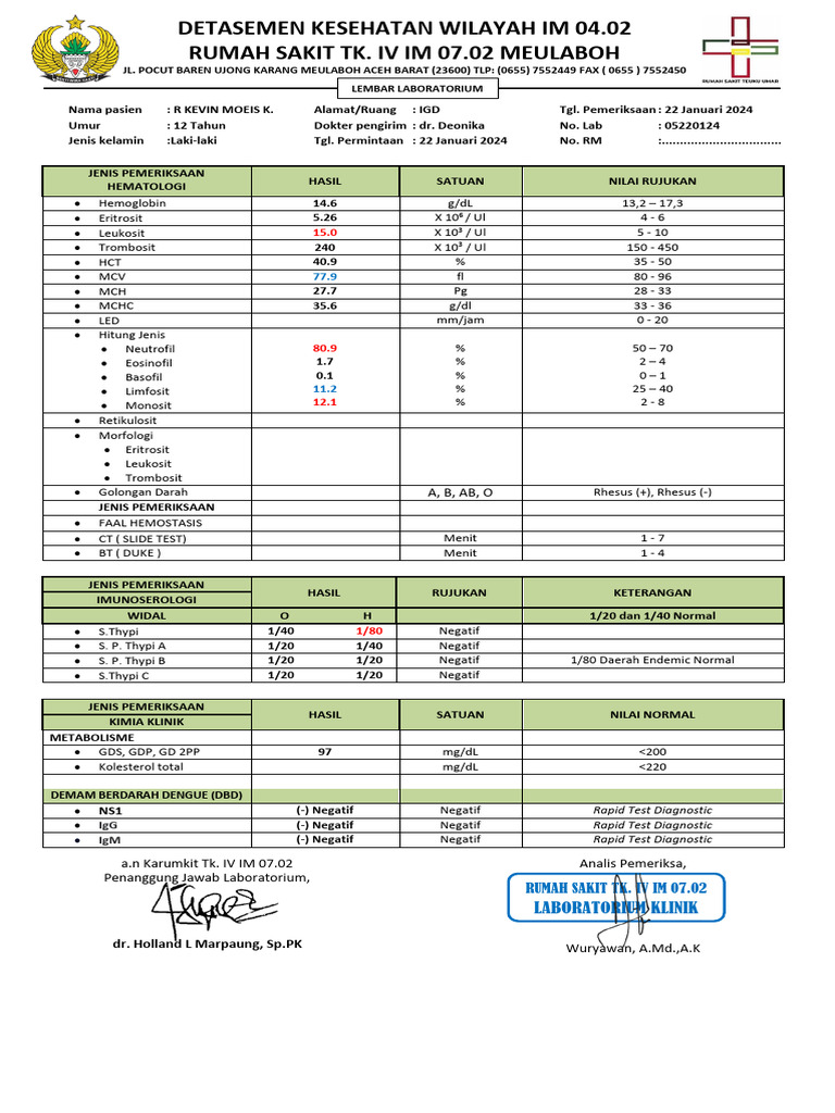 Hasil Pemeriksaan Laboratorium Pasien R. Kevin | PDF
