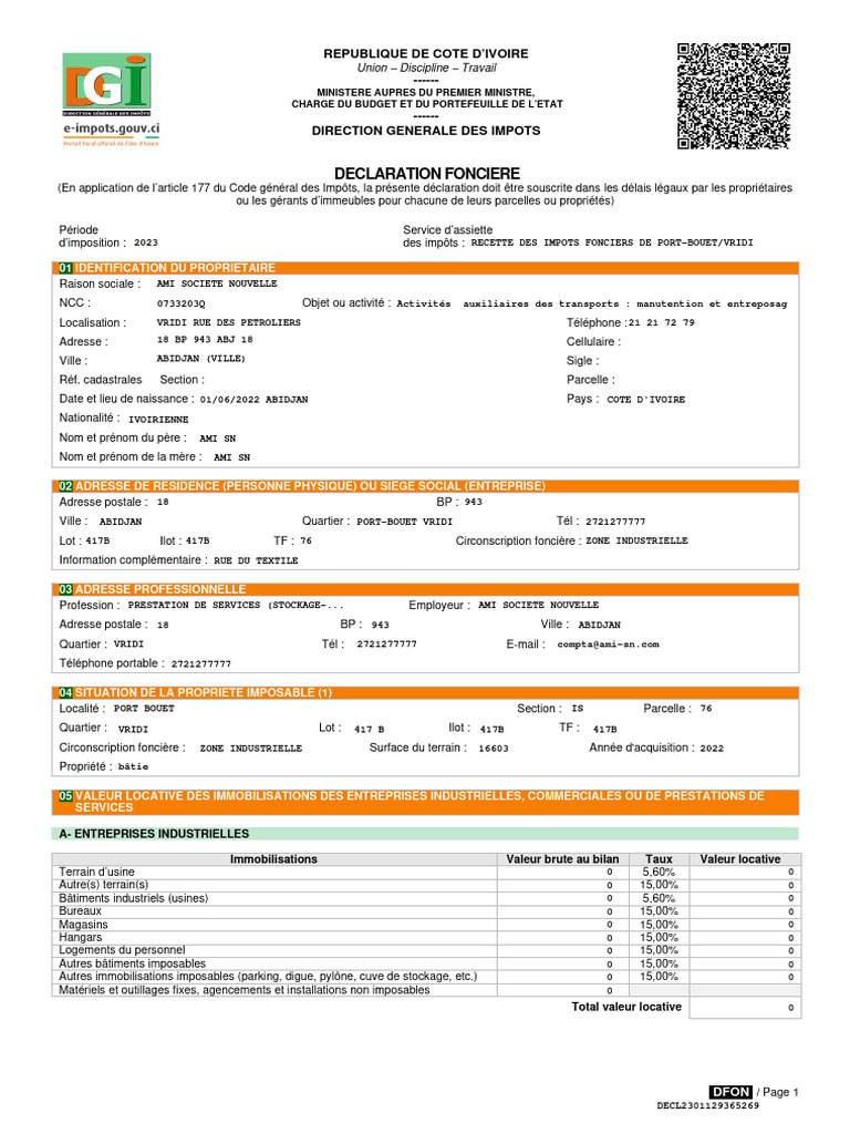 Déclaration Foncier Côte d'Ivoire 2023 | PDF | Impôts | Économie