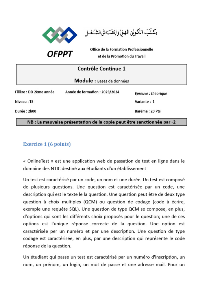 Bases de Données CC1 V1 | PDF | Informatique