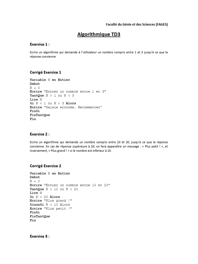 Exercices d'Algorithmique en Programmation | PDF | Programmation ...