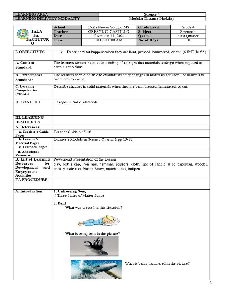 Grade 4 Science Lesson: Changes in Materials | PDF | Learning | Hammer