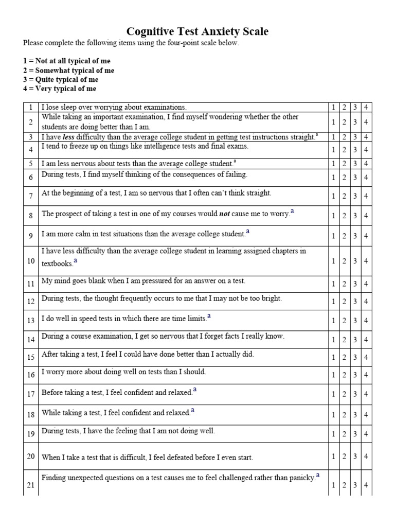 Cognitive Test Anxiety Scale 1 2 | PDF | Anxiety | Thought