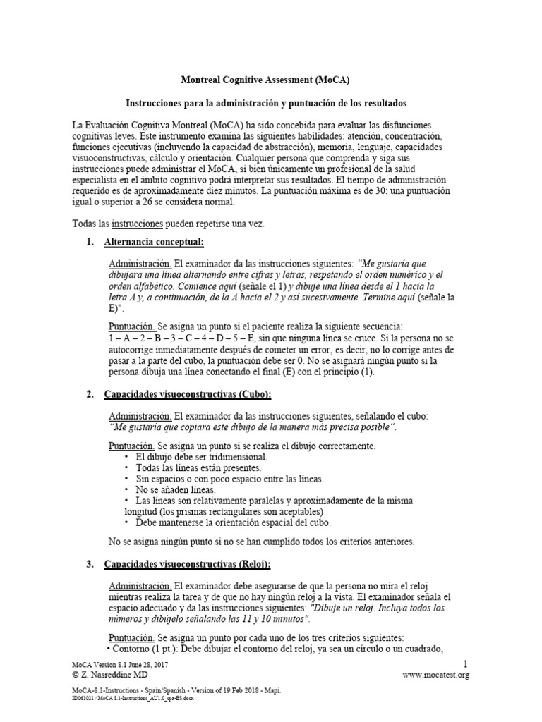 Instrucciones MoCA 8.1 en Español | PDF | Memoria | Reloj